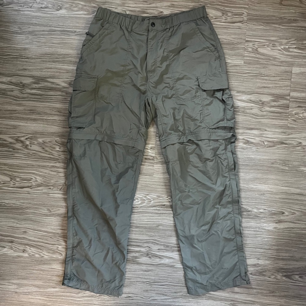 REI Sahara Convertible Cargo Pants Mens L 32L Olive Green Hiking Zip Off Shorts